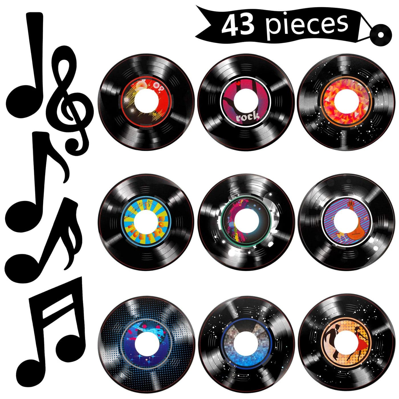 Gejoy 43 Pieces Music Party Decorations Music Notes Cutouts Musical Notes Silhouettes Record Cutouts Rock and Roll for 50s 70s 90s Retro Disco Theme Party Back to School Bulletin Board Craft