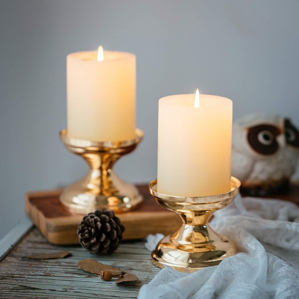 NUPTIO Gold Candle Holders for Wedding 2 Pcs Pillar Candleholder Pedestal Stand Small Round Metal Votive Candlestick Holder for Dining Table Living Room Fireplace Mantel Decor