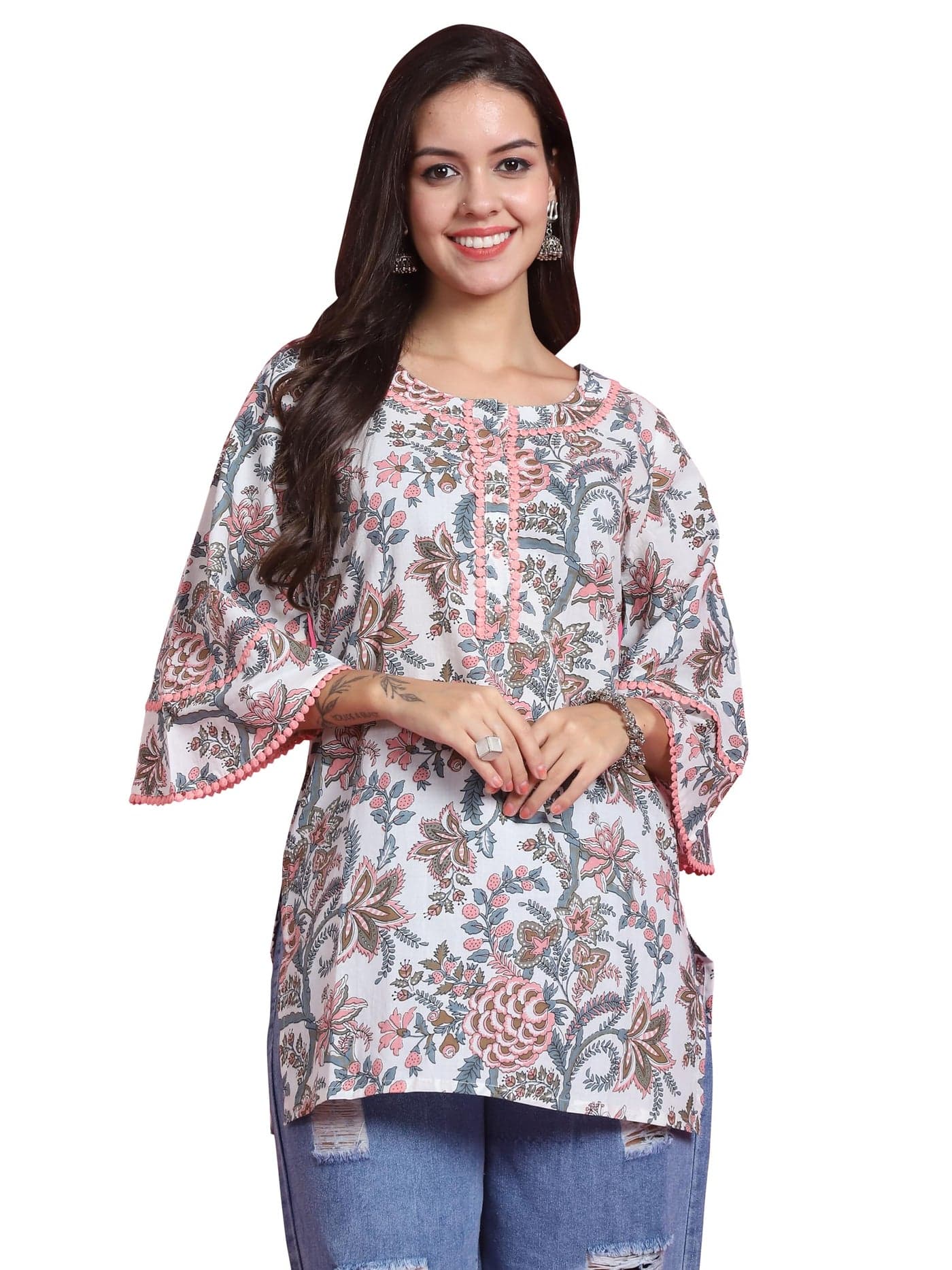 Rajnandini Women Pure Cotton Straight Fit Jaipuri Printed Tunic (JOPLJPR4020-L_White_L)