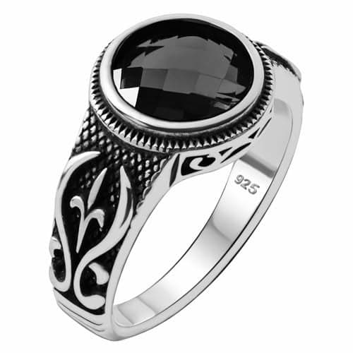 Genuine Solid 925 Sterling Silver, Simulated Faceted Black Diamond Stone, Authentic Vintage Turkish Ottoman Style Anatolian Motif Ring for Men (Simulated Black Diamond, 8)