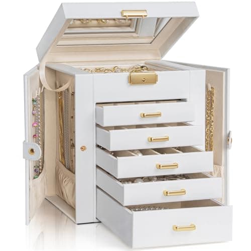 AKOZLIN 6Tier Jewelry Box Lockable Leather Jewelry Storage Case with 5 Drawers for Women Girls Ring Necklace Earring Bracelet Holder Organizer with Mirror