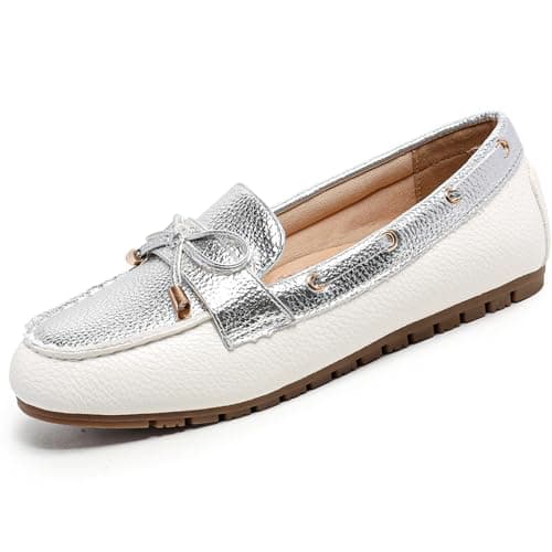 Women’s Loafer Casual On Flat Shoes Classy and Comfortable Slip On Flat Shoes (Silver White 9.5)