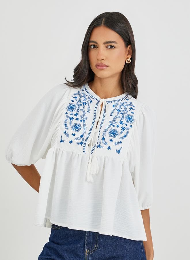 Embroidered Tie-Up Neck Balloon Sleeve Blouse