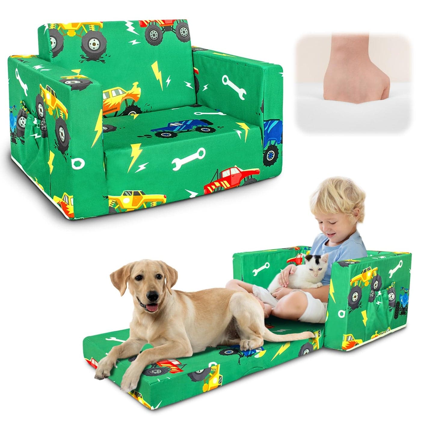 Beavtaens Kids Couch 2in1 Kids Fold Out Sofa Convertible Toddler Couch to Lounger for Girls and Boys Soft Toddler Chairs Comfy 13 Years Old Green Monster Truck