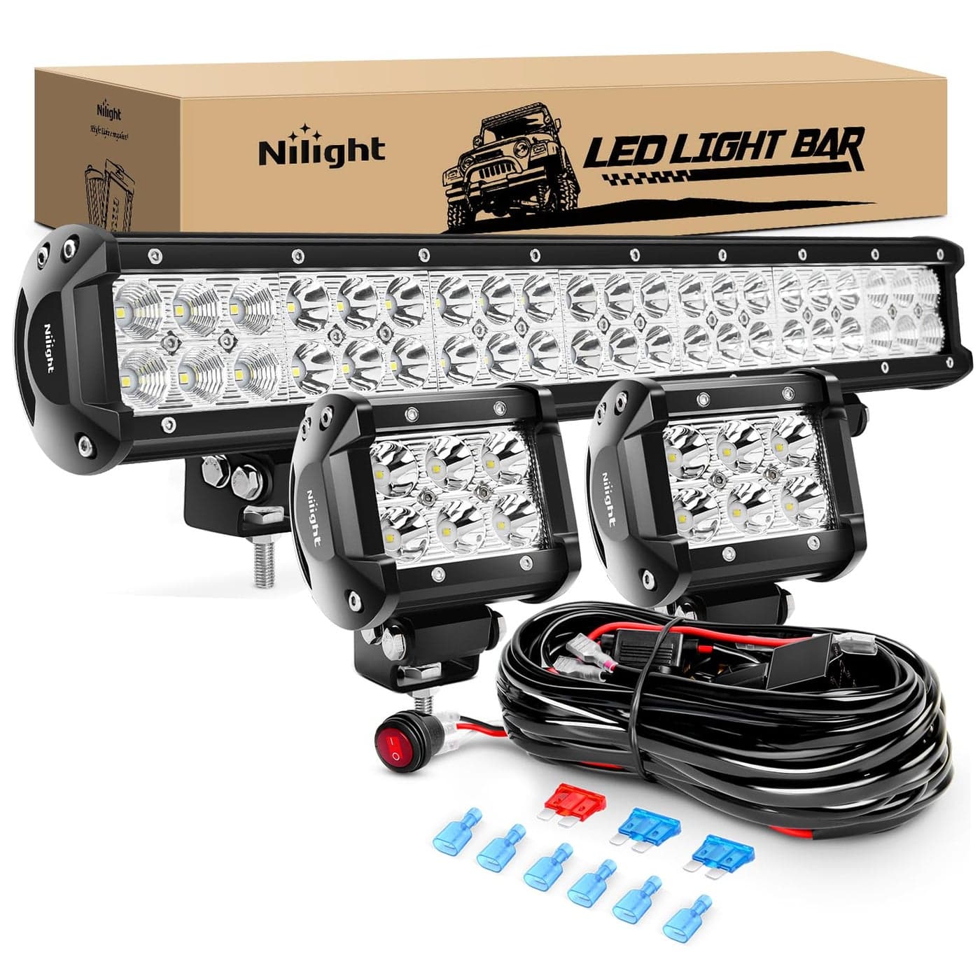 Nilight ZH002 20Inch 126W Spot Flood Combo Off Road Led Light Bar 2PCS 18w 4Inch LED Pods With 16AWG Wiring Harness Kit3 Lead For Tractor 2 Years Warranty