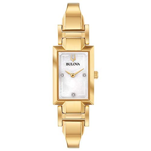 Bulova Ladies' Classic Diamond Dial Quartz Stainless Steel Watch, Rectangle, Mother-of-Pearl, Gold Tone