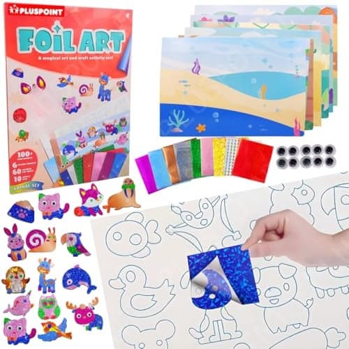 PLUSPOINT Foil Art Kit for Kids Animals Theme 100+ Foam Stickers Arts and Crafts, No Mess Art for Kids, Fun Craft Kits & Supplies, DIY Creative Activities, Travel Toys Gifts for Girls & Boys Ages 5+