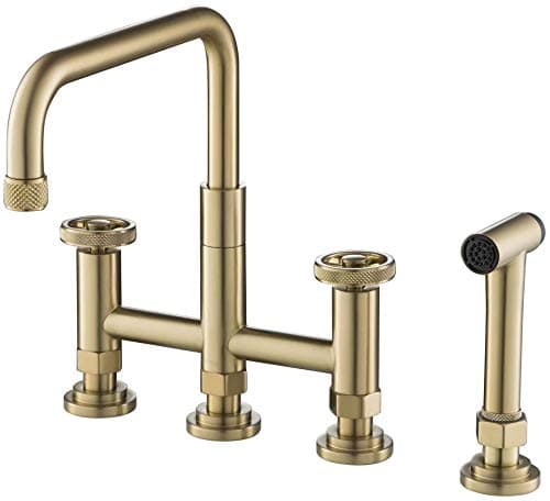 KRAUS Urbix Industrial Bridge Kitchen Faucet with Side Sprayer in Brushed Gold, KPF-3125BG