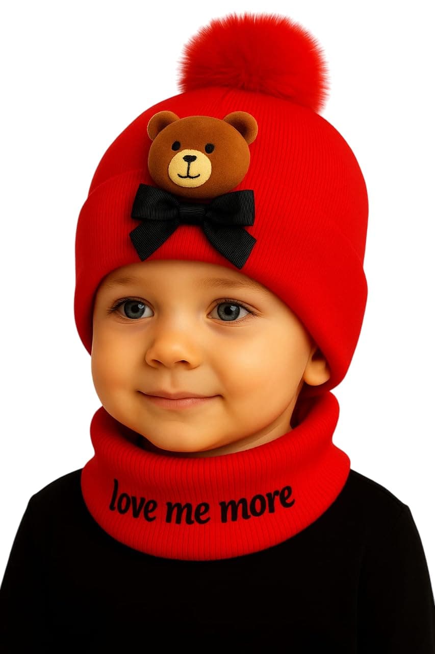 Krystle Kids Knit Animal Ear Hat with Pom Pom and Scarf - Bear or Cat Design Winter Beanie for Boys and Girls (Red, 3 Months-3 Years)