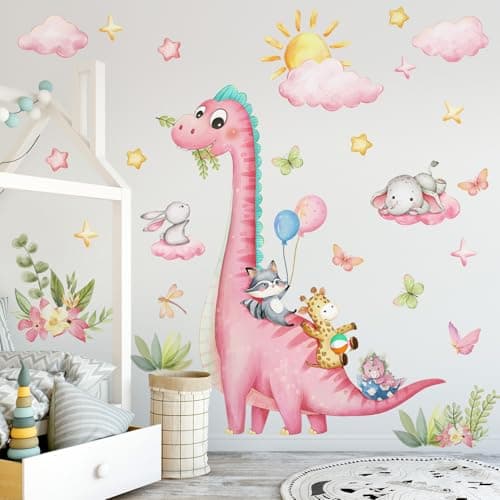 RAINBOW WSK Large Dinosaur Wall Decals Pink Dino Wall Stickers for Baby Girls Room Removable Jungle Animal Dino Wall Mural with Cloud Plants Kids Toddler Nursery Bedroom Decor B15502