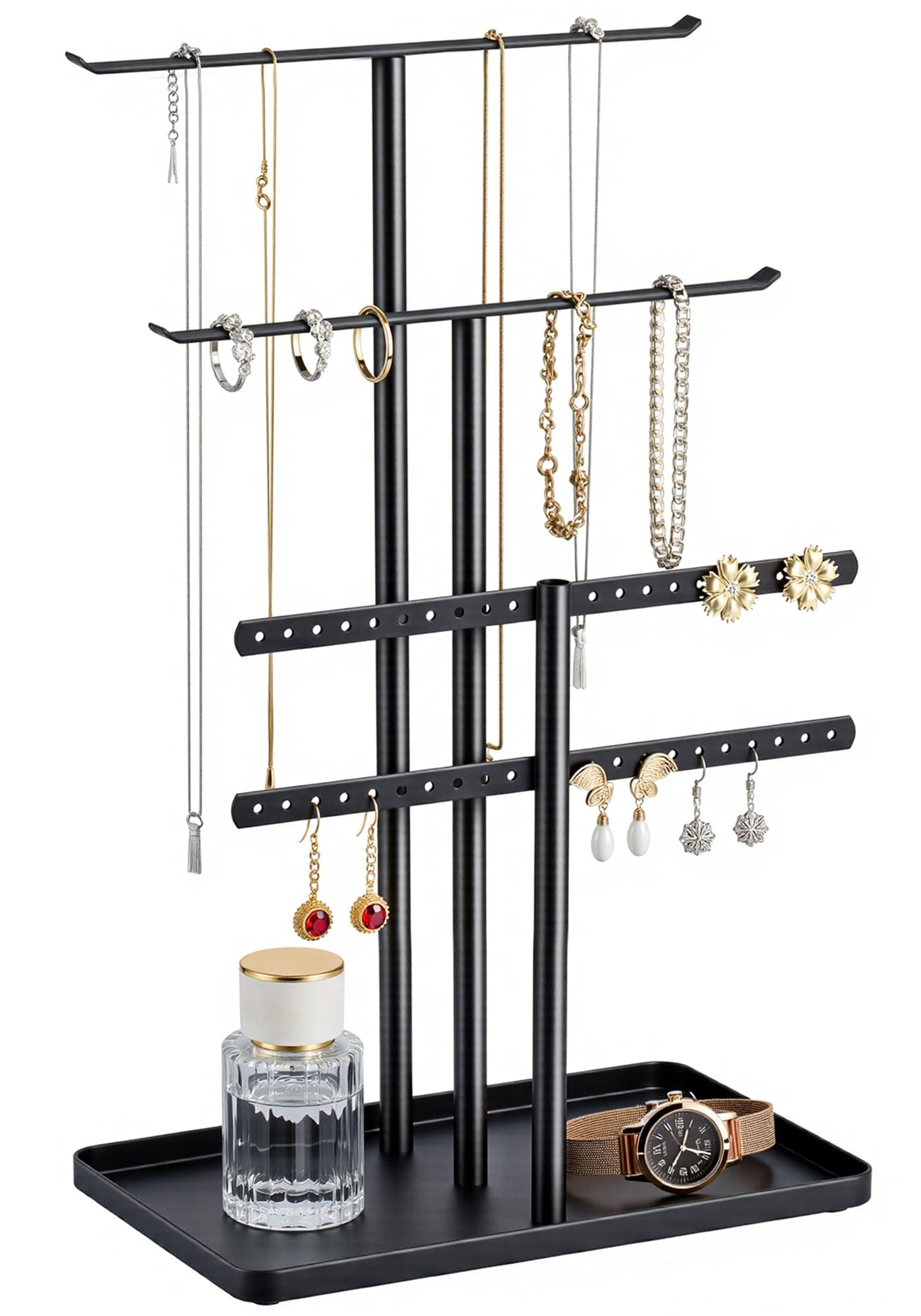 pickpiff Jewelry Stand Organizer, 14.5" Tall Sturdy Metal, 3-Tier Jewelry Holder for Necklace, Earring, Bracelet, Ring, Hanger for Display and Storage, Aesthetic Room Decor, Black