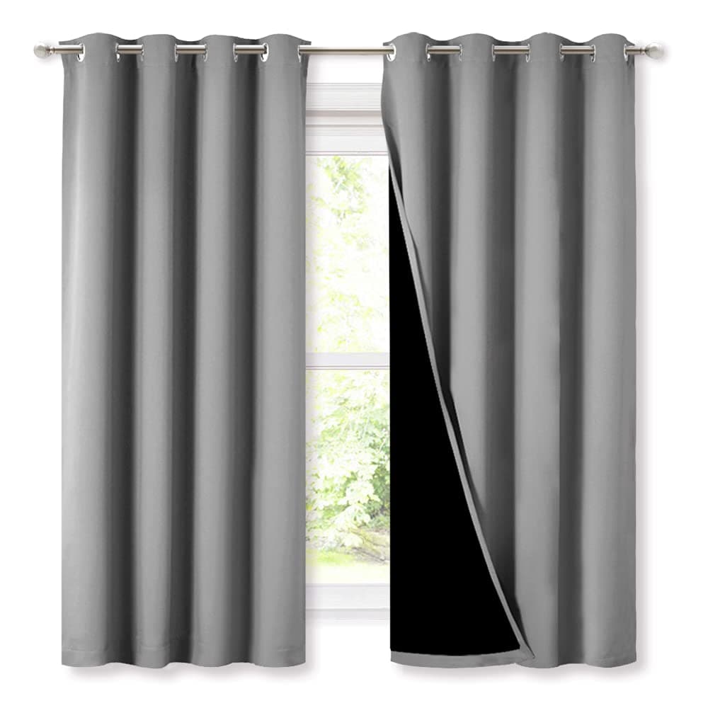 NICETOWN 100 Blackout Curtains with Black Liners Thermal Insulated Full Blackout 2Layer Lined Drapes Energy Efficiency Window Draperies for Bedroom Silver Grey 2 Panels 52inch W by 63inch L