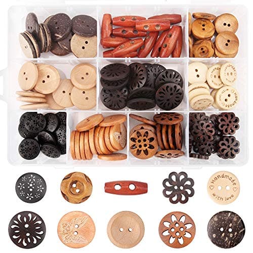 Assorted Handmade Buttons, 120Pcs Wooden Buttons Art DIY Craft Supplies with Box