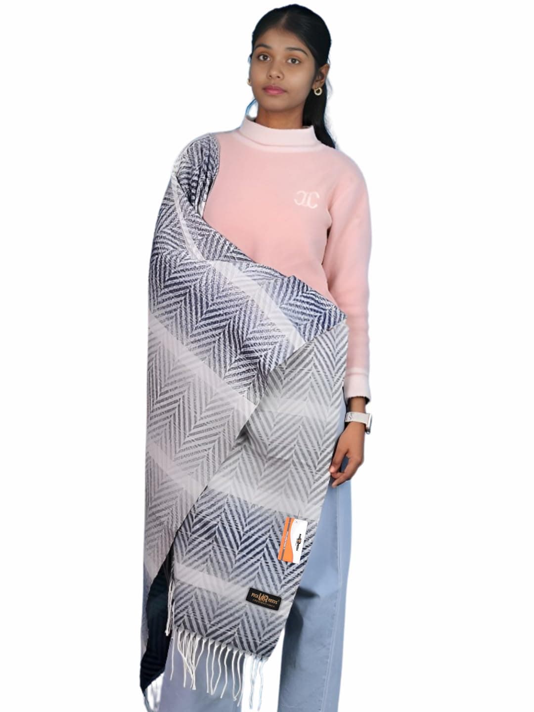 Pick Ur Needs Women's Soft Plaid Shawl Wrap Scarf with Pom Poms Warm Blanket Stole Fashionable Winter Gift for Ladies (Dark Grey)