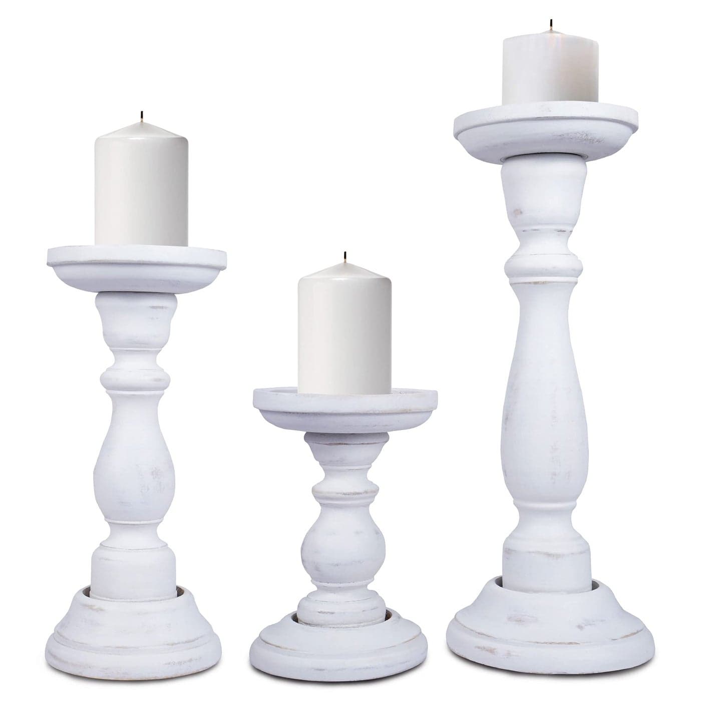 Mela Artisans Shabby White Hand Carved Wooden Pillar Candle Holders Set of 3 Tuli Decorative Style Crafted from Mango Wood Rustic Table Centerpiece Decor Sized 6 9 and 12