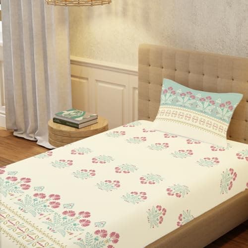 Urban Space Serene 100% Cotton Bedsheet for Single Bed, 200 TC Floral Single Bedsheet with 1 Pillow Cover (58 X 90 Inches, Malhaar Dusty Blue)