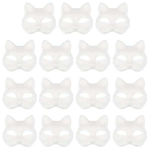 LNQ LUNIQI 15Pcs White Cat Mask Base DIY Paintable Blank Masks for Halloween Cosplay Masquerade Party Animal Face Mask Kit for Adults Kids Craft