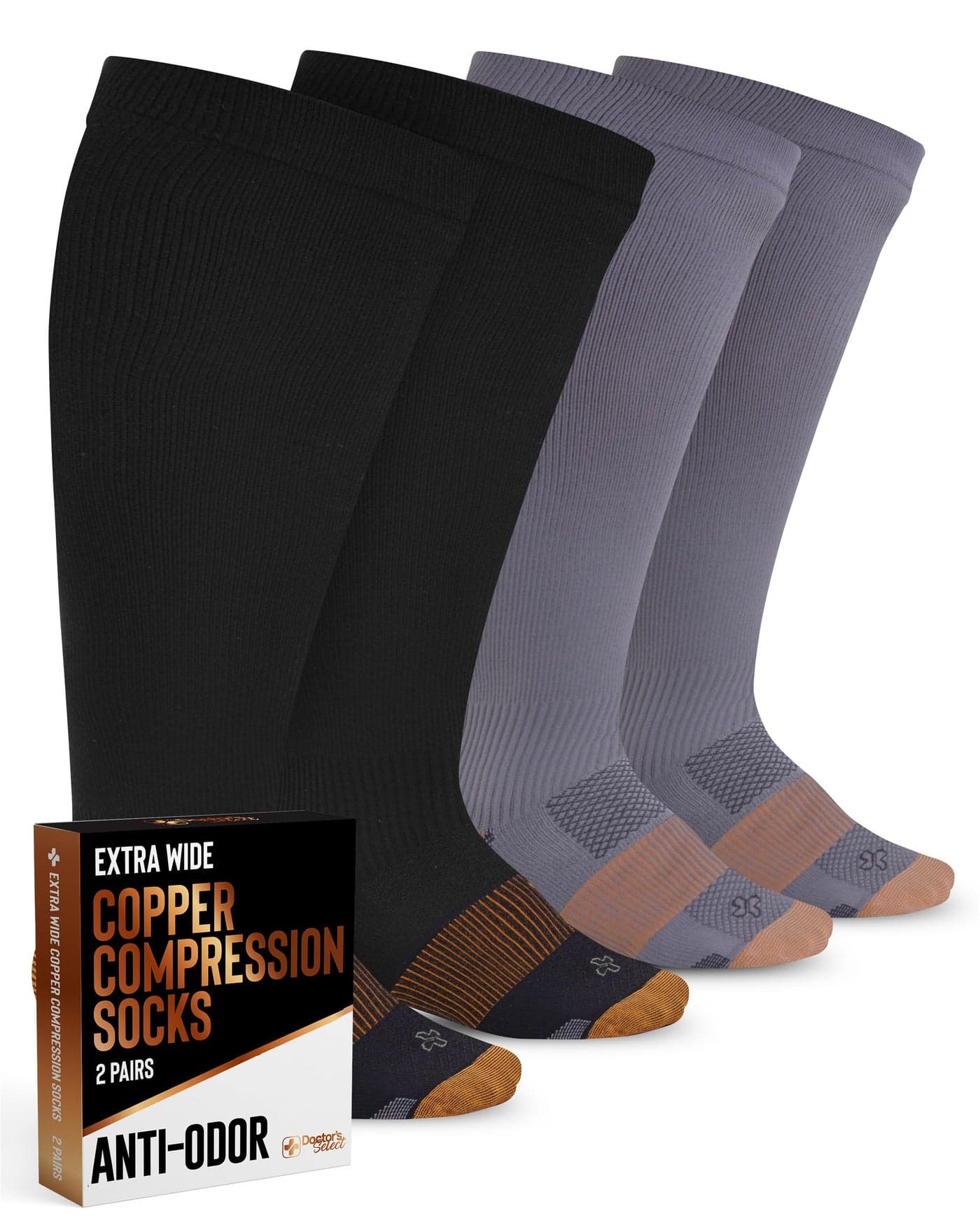 Doctor's Select Copper Plus Size Compression Socks Wide Calf - 2 Pairs | 20-30mmHg Extra Wide Calf Copper Compression Socks Men & Women for Swelling & Circulation Support | Black & Gray