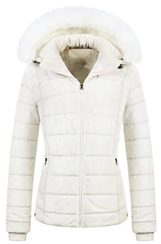 Chrisuno Ladies Short Puffer Jacket Women Cropped Winter Coat Parka With Removable Faux Fur Trim Hood 2XL White