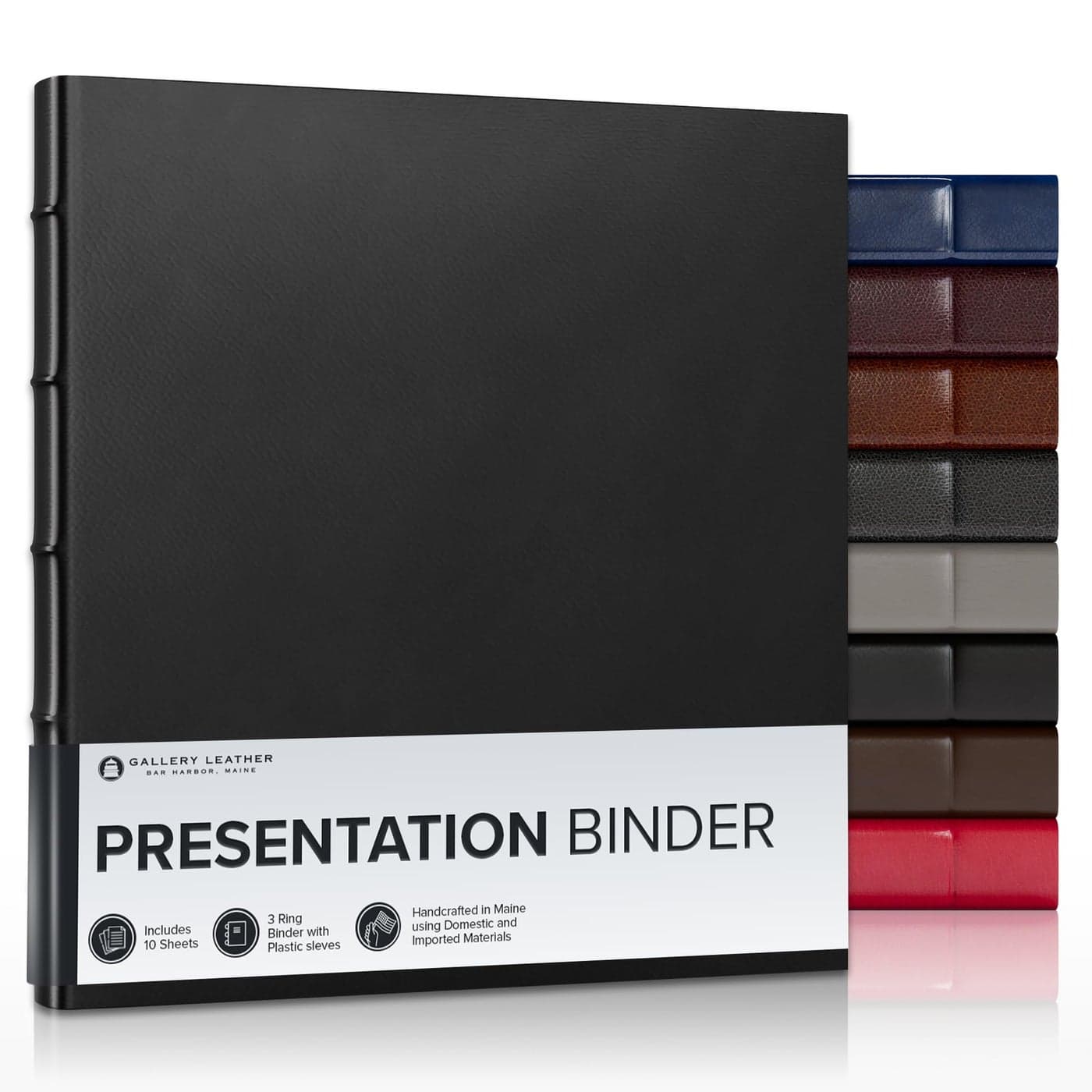 Gallery Leather 3 Ring Binder with Plastic Sleeves Includes 10 Sheets Sheet Size 85 x 11 Presentation Binder Rings with Hubbed Spine Thick 125 Freeport Black