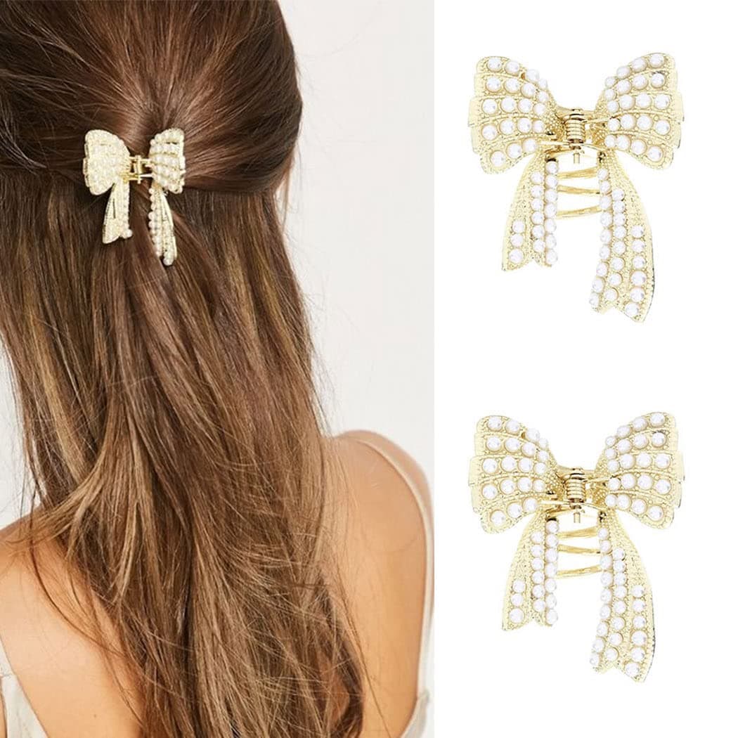Brinie Pearl Hair Claw Clamps Gold Metal Hair Claw Clips Bowknot Hair Styling Clips Non Slip Jaw Hair Clamps Hair Accessories for Women and Girls Pack of 2