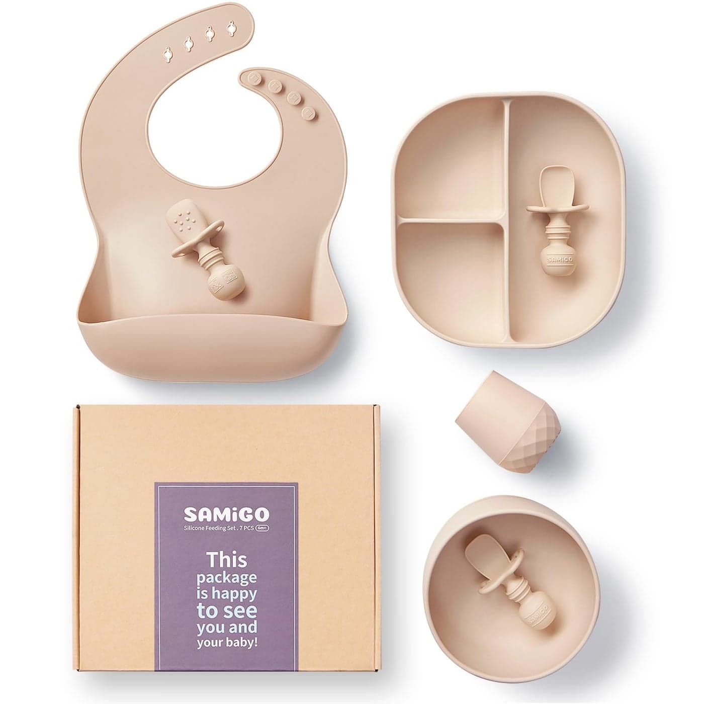 SAMiGO Silicone Baby Feeding Set Suction Plate Bowl Set Self Feeding Spoons Bib Cup Baby Led Weaning Supplies First Stage Feeding Essentials Food Eating Utensils 6 Months