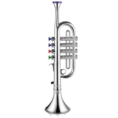 Lewtemi Silver Trumpet Musical Instruments Toy for Kid Toddler Fake Plastic Preschool Music Toy Gift Portable Wind Instrument Early Educational Teaching Songs Gifts for Toddlers Children