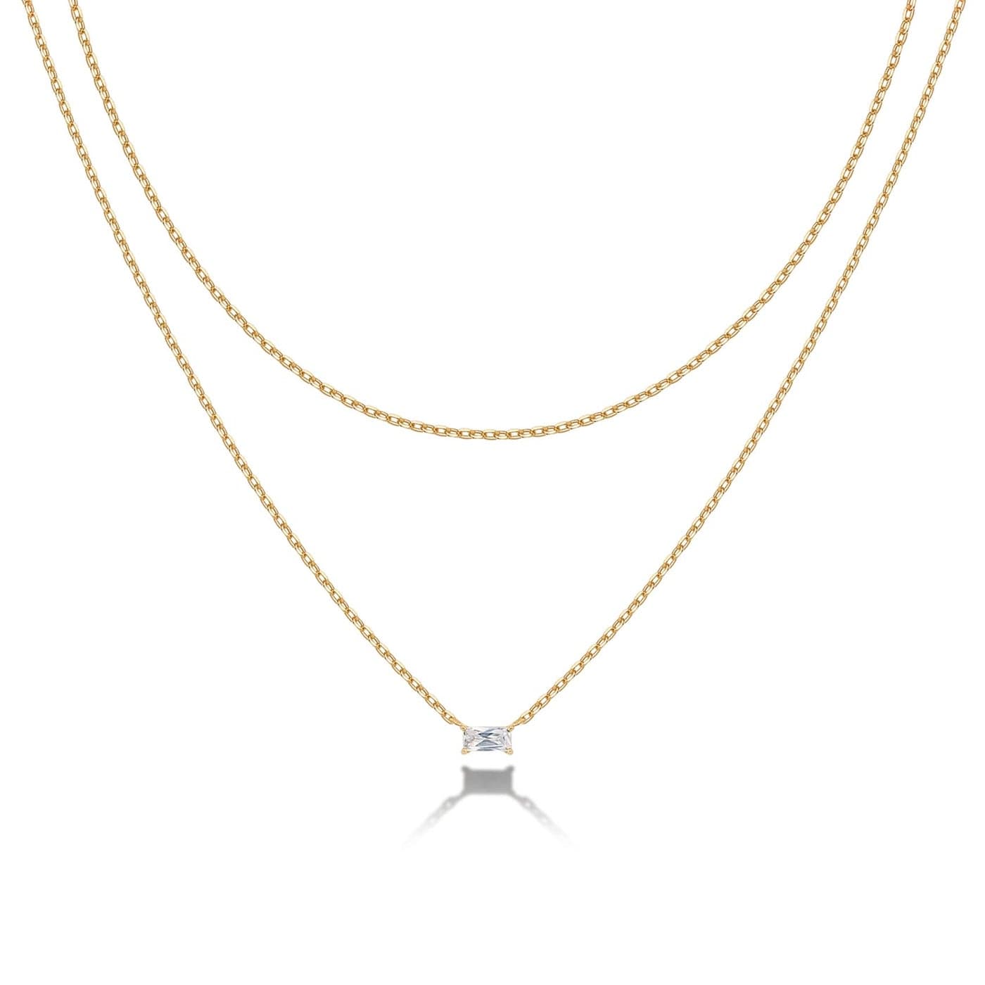 PAVOI 14K Gold Plated Layered Baguette Pendant Necklace | Layering Necklaces for Women | Dainty Minimalist Design Pendant (Yellow Plated)
