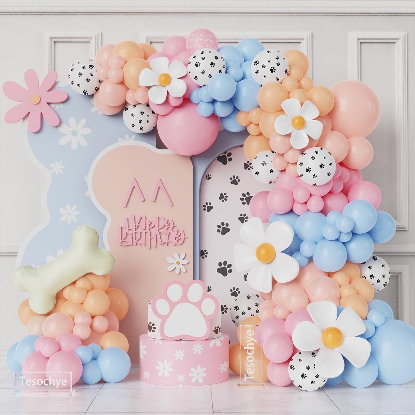 190Pcs Blue Balloon Garland Arch KitDog Paw Birthday Party DecorationsPastel Pink Blue Daisy Sunflower Balloons with Bone Foil Balloons for Boys Girls Baby Shower Blue Puppy Party Decorations