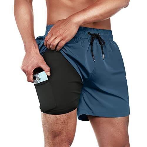 BRISIRA Mens Swim Trunks Swim Shorts Quick Dry 5 inch Inseam Beach Shorts with Compression Liner and Zipper Pocket