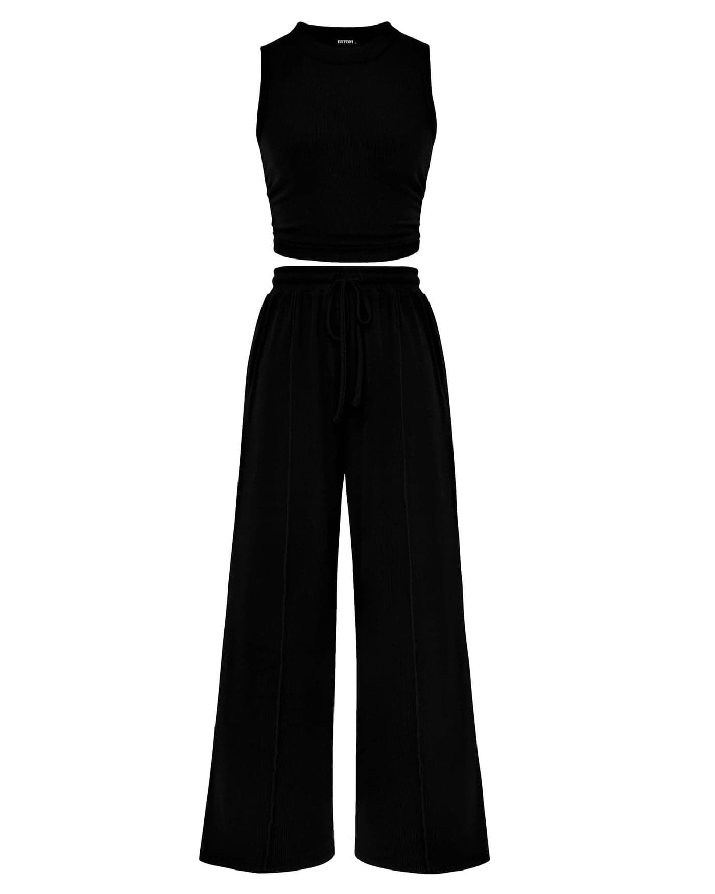 BTFBM Summer Outfits For Women 2026 Ribbed Sleeveless Tank Tops Wide Leg Pants 2 Piece Sets Lounge Set Clothing(Black, XX-Large)