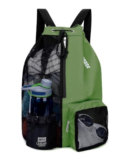 WANDF Swim Bag Mesh Drawstring Backpack with Wet Pocket Beach Backpack for Swimming Gym and Workout Gear Dark green