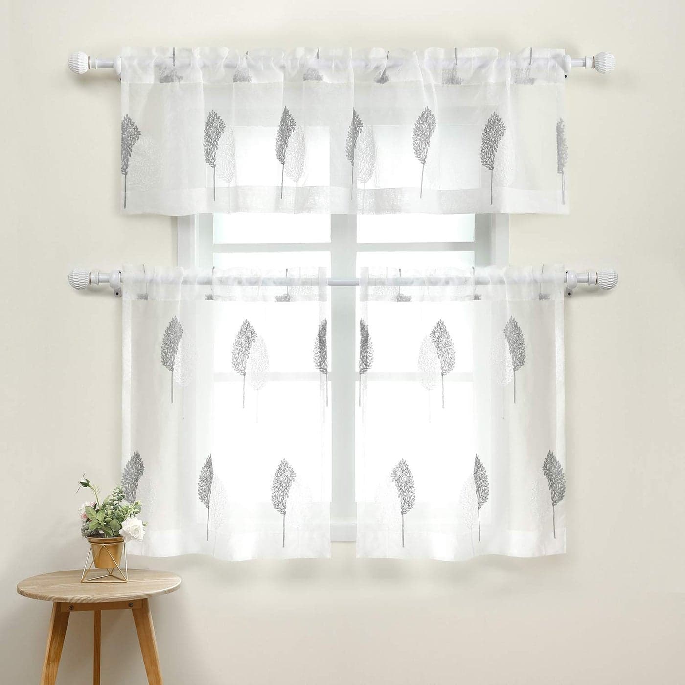 VOGOL Embroidered Sheer Curtain Tier Valance Set for Living Room White Rod Pocket Sheer Window Curtain Tier Pair 3 Pieces Grey and White Leaves
