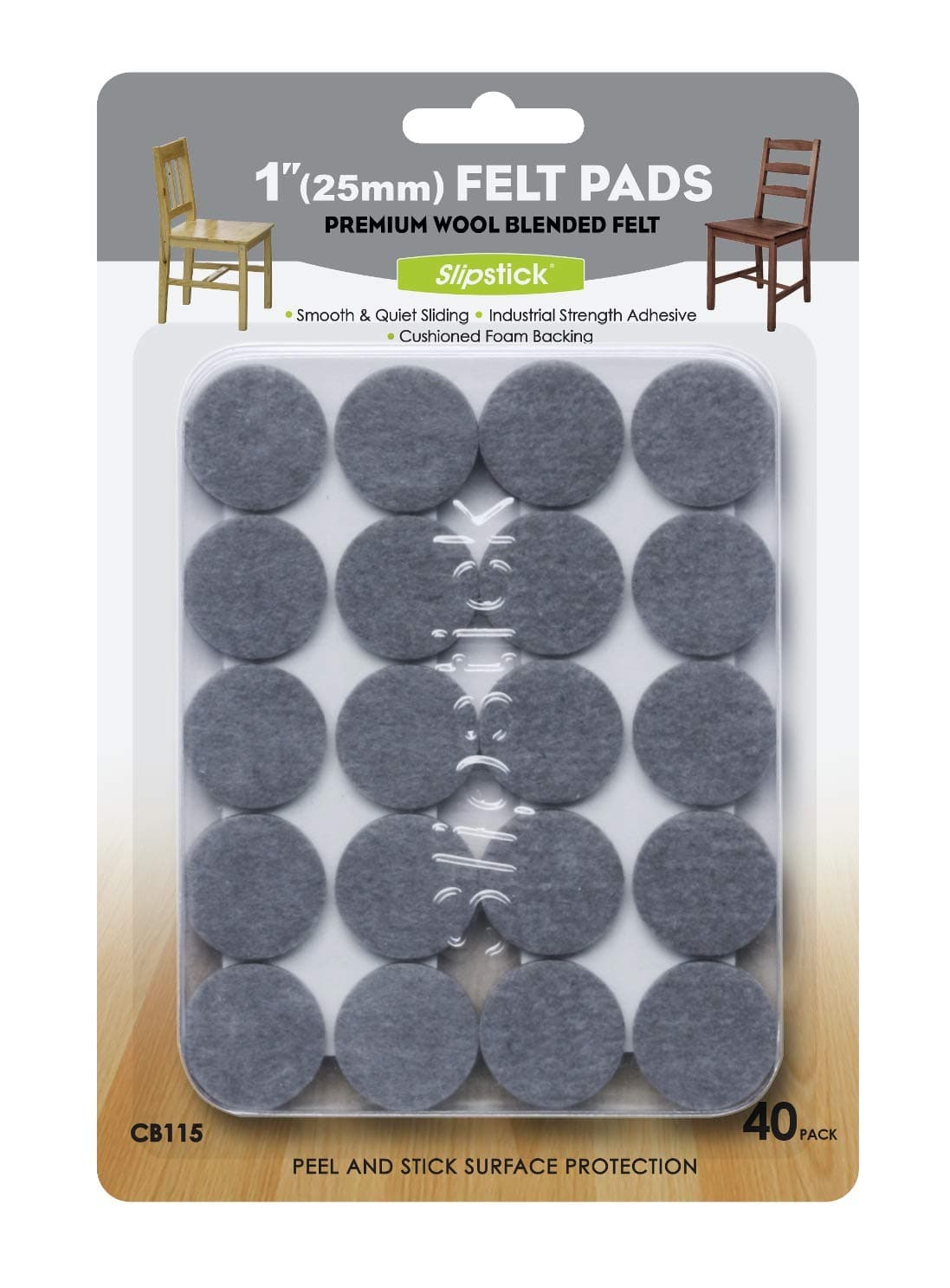Slipstick Premium Wool Felt Furniture PadsFloor Protectors 1 Inch Round Value Pack Includes 40 HeavyDuty Felt Chair Leg Pads with SelfStick Adhesive Gray CB115