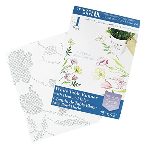 Leisure Arts Table Runner 15X42 Tulips Poppies Kitchen Table Runner Embroidery Kit Kitchen Runner Cross Stitch Kits for Beginners Embroidery Patterns Fabric