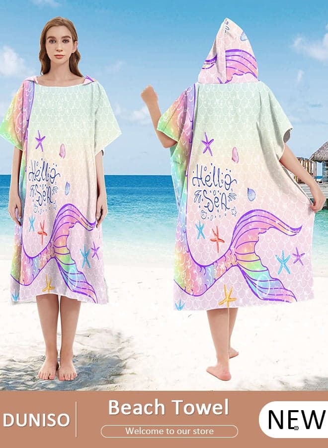 Beach Towel with Hood, Surf Poncho Towel, Quick-Drying Microfibre Fabric Surfing Changing Robe Hooded Poncho, Beach Changing Bathrobe, Swimming Bathrobe for Adults Large (75 x 110 cm,Mermaid Pattern)