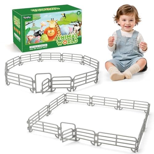 THINKBAY 20PCS Large Farm Animal Corral Fence Toys with 2 Gates Fences for Kids Boys Girls Educational Farm Animal Cake Toppers for Toddlers Children
