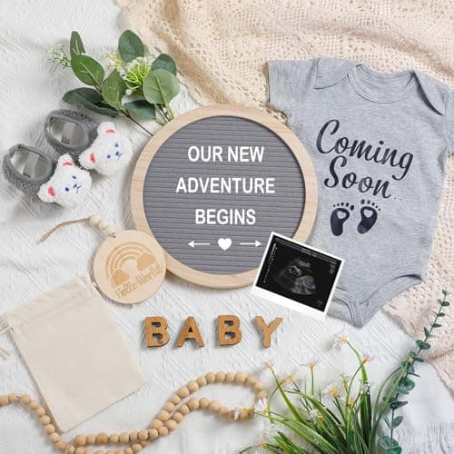 Canlierr 8 Pcs Pregnancy Announcement Set Pregnancy Reveal Ideas Include Felt Letter Round Board Kit Baby Bodysuit Booties Wood Blocks Wooden Signs for Coming Soon Baby AnnouncementGray