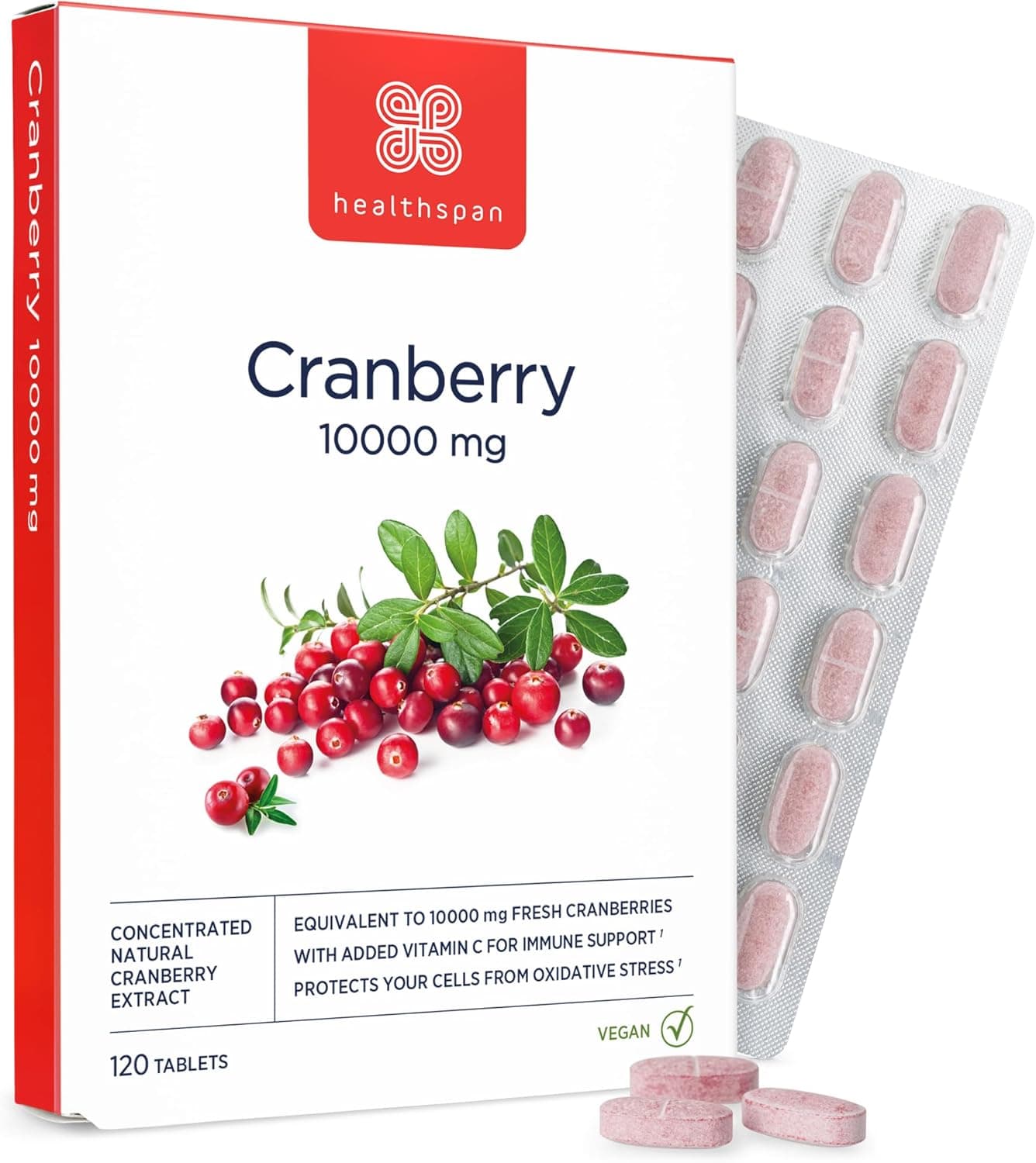 Healthspan Cranberry 10000mg 120 Tablets 10000mg Whole Cranberries Support for Your Wellbeing and Immune Health Added Vitamin C Vegan