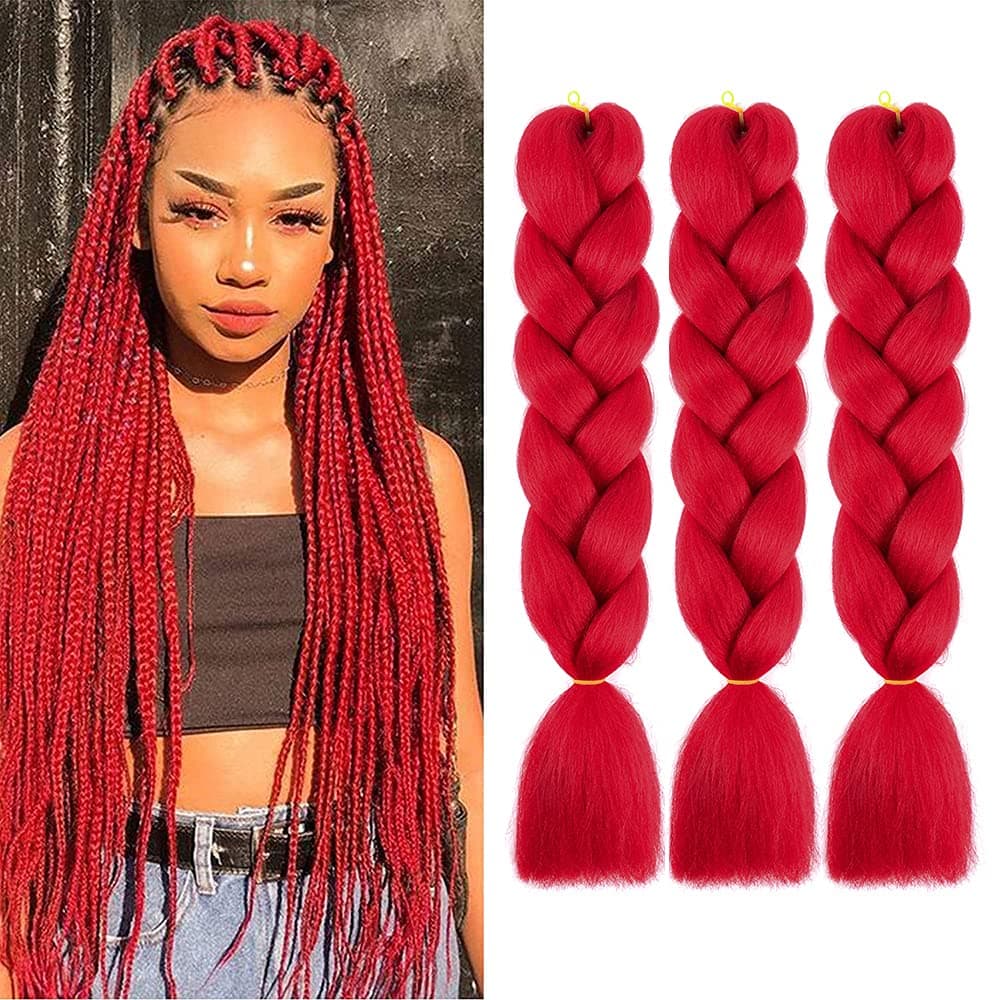Red Braiding Hair Jumbo Braid Hair 3 Pack 24 Inch for Hair Extensions High Temperature Synthetic Crochet Braiding Hair for Black WomenA12