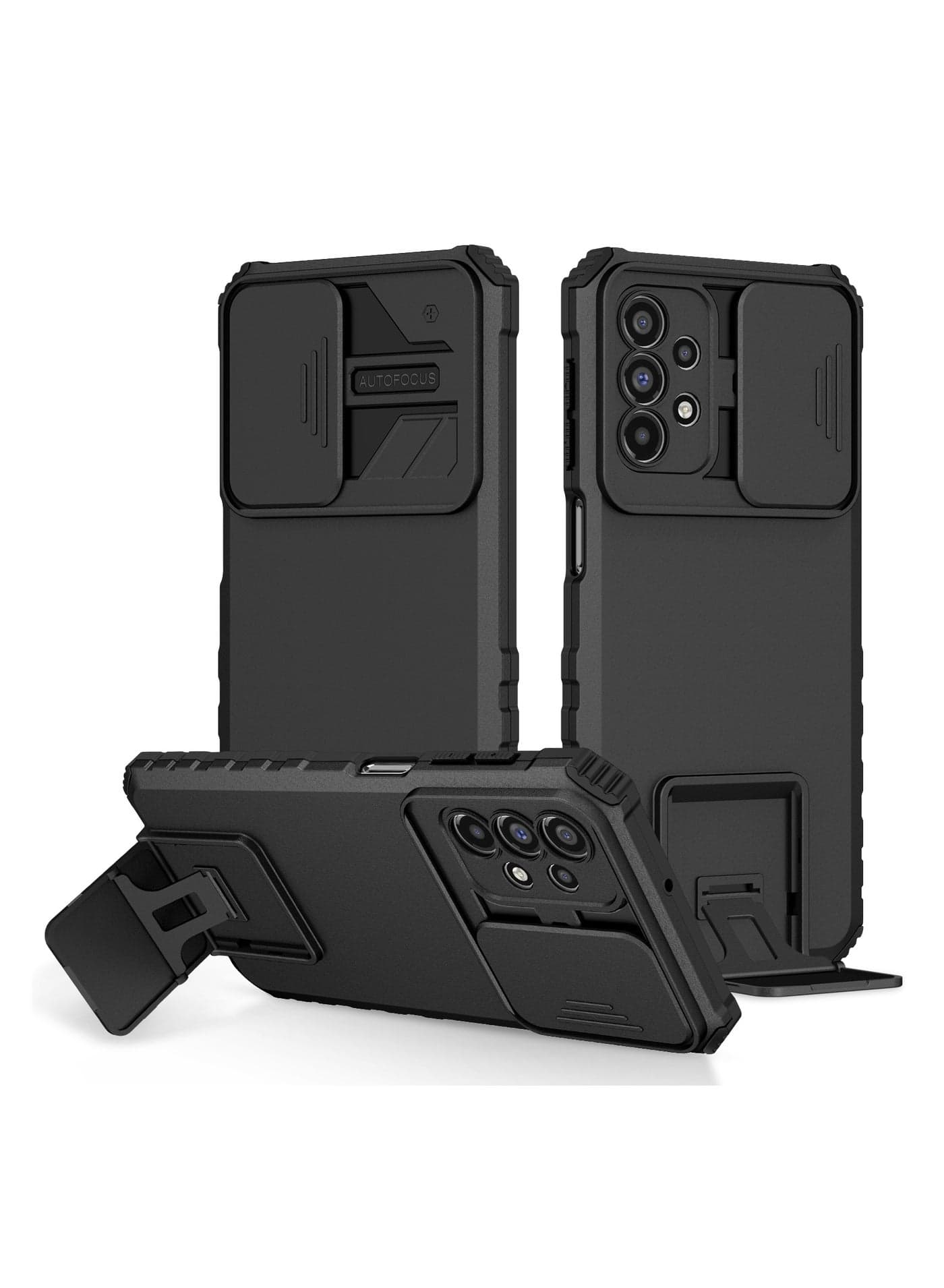 Samsung Galaxy A23 4G/5G / M23 4G Black Mobile Phone Case Cover, Innovative Telescopic Bracket, Sliding Protection Camera Window, Bumper Shockproof Phone Back Cover