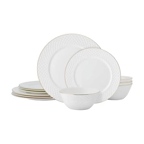 Mikasa Trellis Gold Rim Bone China Lightweight Chip Resistant 12 Piece Dinnerware Set, Service for 4