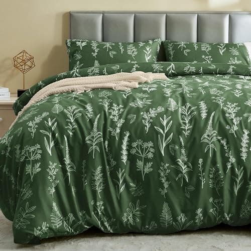 MUXHOMO Duvet Cover King Size, Reversible Floral Dark Green Duvet Cover Set with Zipper Closure, 3 Pieces Botanical Patterns Soft Microfiber Bedding Set (90"x104", 2 Pillow Cases 20"×36")