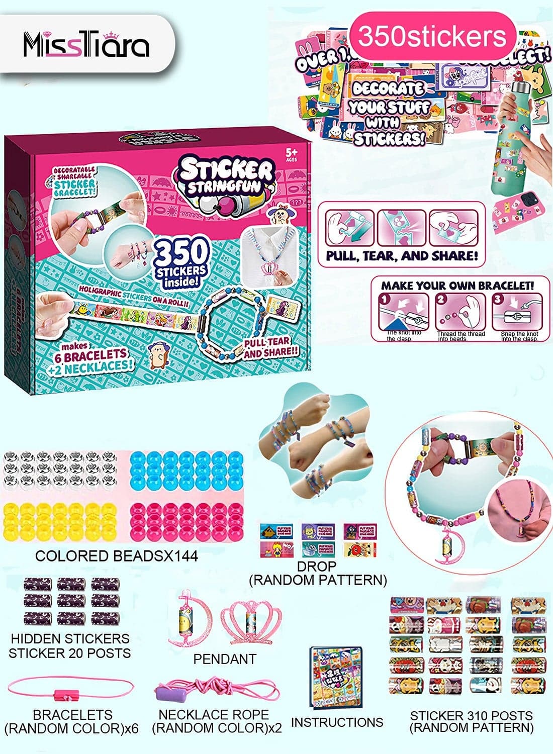 Kids Sticki Rolls Sticki Station, Craft Gift Set for Kids, DIY Sticker Rolls Bracelet for Kids 350Pcs Cartoon Stickers Included, DIY Sticker Bracelet Making Kit with Spacer Beads & Charms for Children's Gift, Assorted
