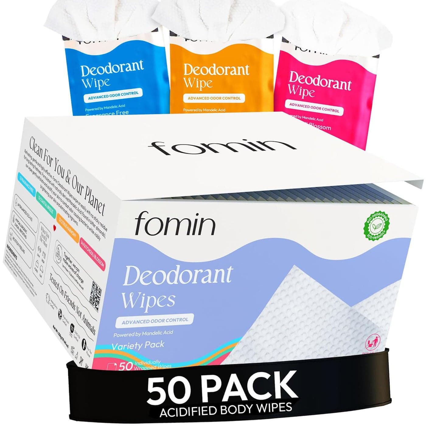 FOMIN Acidified Travel Deodorant Wipes For Women Men 50 Count Variety Pack pH Balanced Mini Deodorant Travel Size Wipes PlasticFree Individually Wrapped Underarm Body Wipe