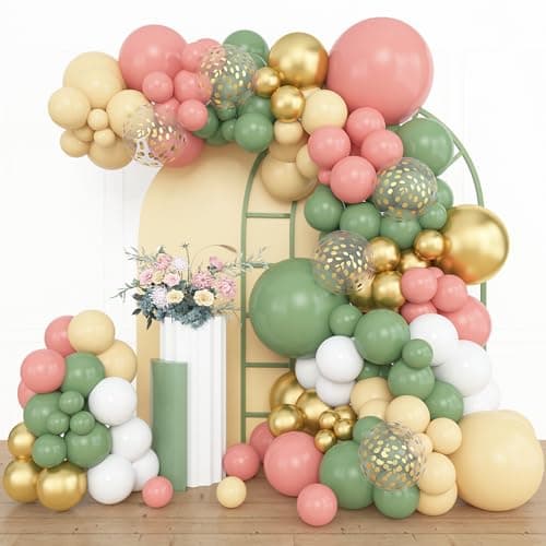 Amandir 153pcs Retro Green Pink Balloon Garland Arch Kit Different Sizes 18 12 10 5 inch White Dusty Pink Latex Metallic Confetti Balloons for Easter Jungle Safari Woodland Birthday Party Decorations