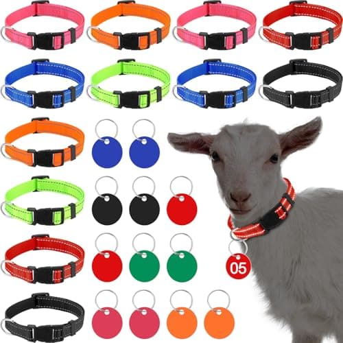 Foilswirl 12 Pack Goat Collars with Number Tag Adjustable Nylon Livestock Collar with No. 01-12 ID Number Tags Sheep Collars Set for Small Livestock Farm Animal Goat Sheep Cow (Reflective)