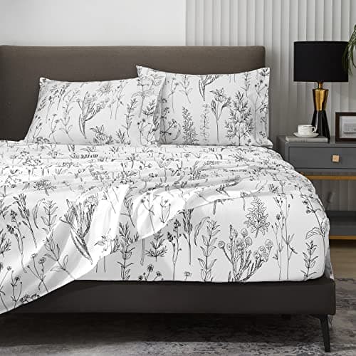 HYPREST Floral Bed Sheets King Size 18 inches Deep Pocket Sheets 1800 Thread Count Black and White Leaf Sheet Set Soft Breathable Cute Aesthetic Sheets Shabby Chic Bed SheetsOekoTex Certificated