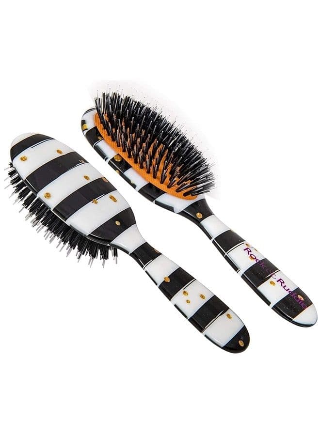 Natural Mixed Boar Bristle Hair Brush for Women Kids (Small 6.9") - Perfect for Wet or Dry Hair, Detangling Smoothing Blowdrying - Designed, Made in UK - Black White Stripes Gold Dots De