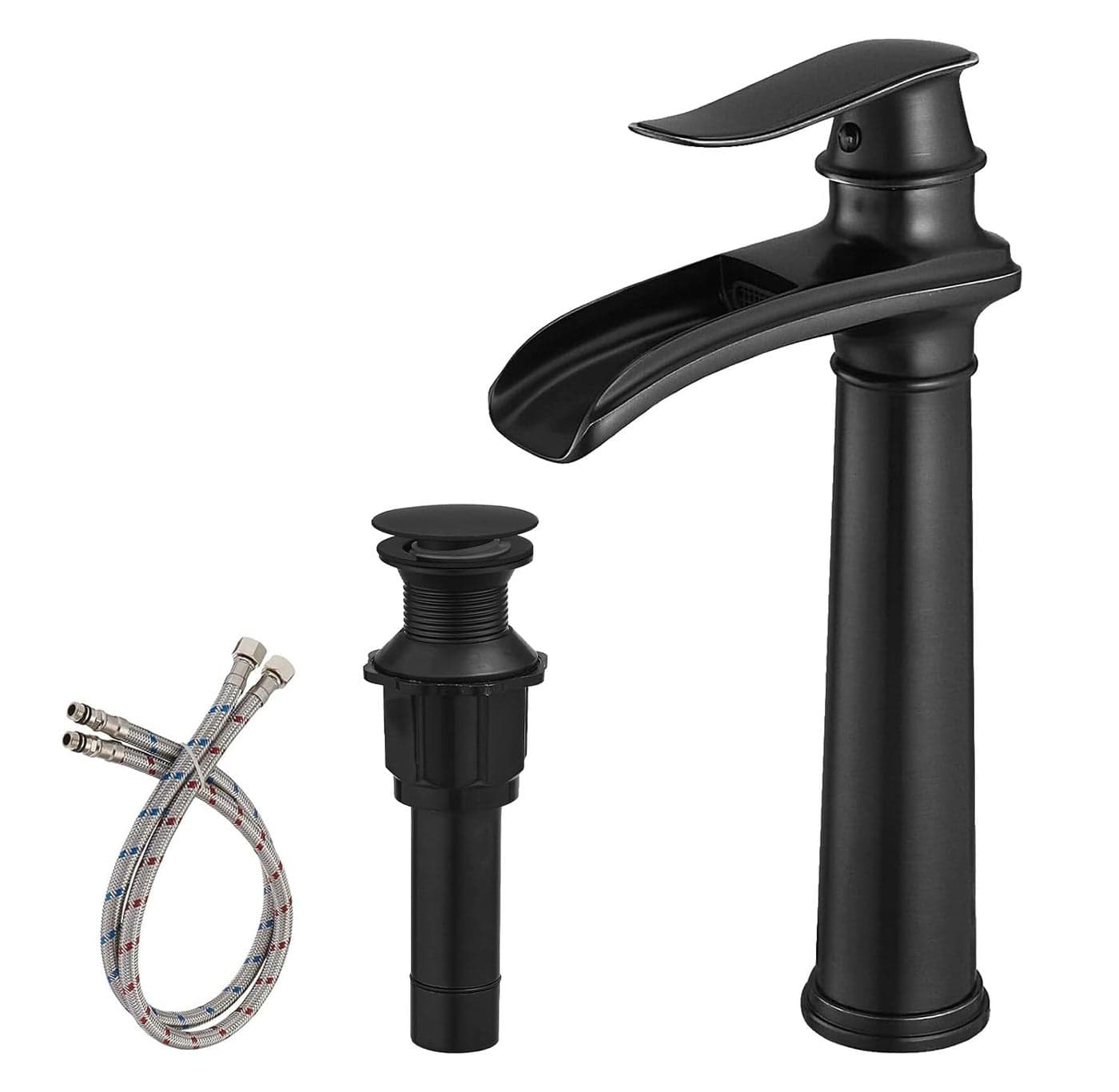 BWE Vessel Sink Faucet Waterfall Matte Black Bathroom Faucets Single Hole Single Handle Bathroom Sink Faucet Tall Vessel Faucet with Pop Up Drain and Water Supply Line